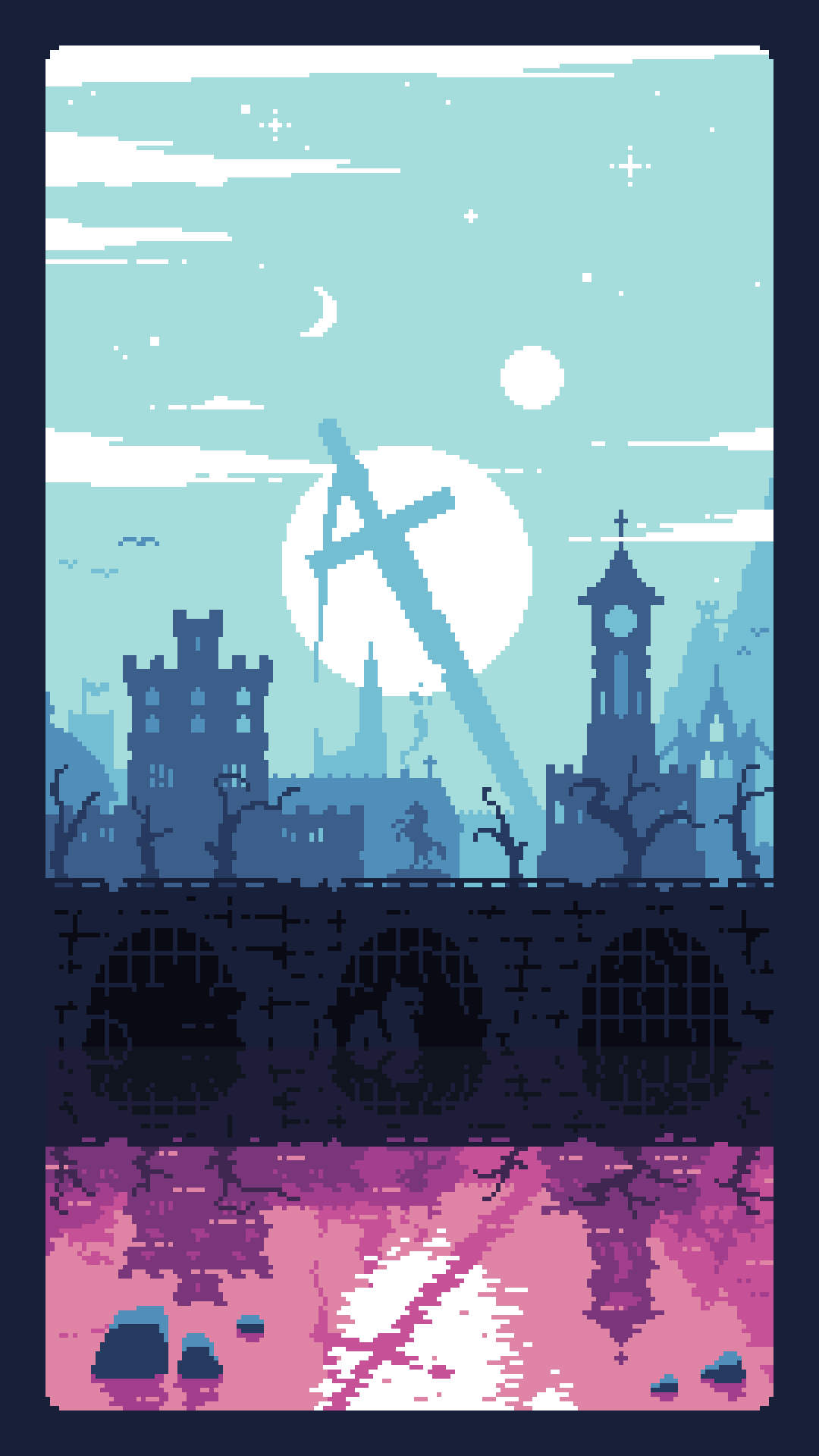 medieval landscape, town in front, huge sword in the background, 2 suns and a crescent moon in the sky. the whole scene is reflected in the water. a few monsters lurking in the water
