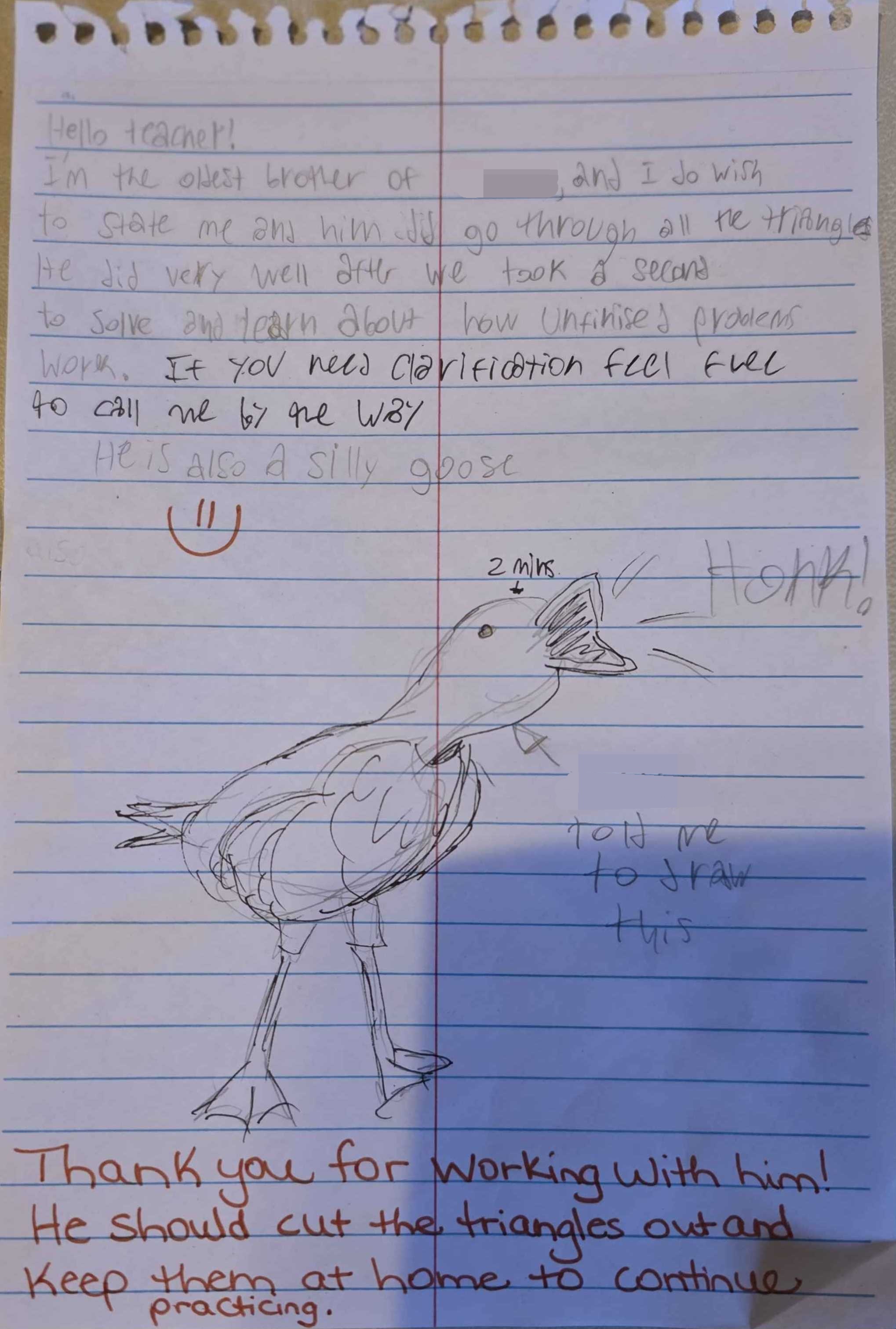 letter from oldest to younger brother's teacher. It states that they don't fully understand the assignment... then they drew a silly goose because their younger brother asked them too. Teacher responded with thanks.