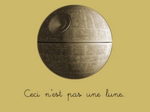 A take on René Magritte's famous painting, only this one is captioned "Ceci n'est pas une lune" under a painting of the Death Star.