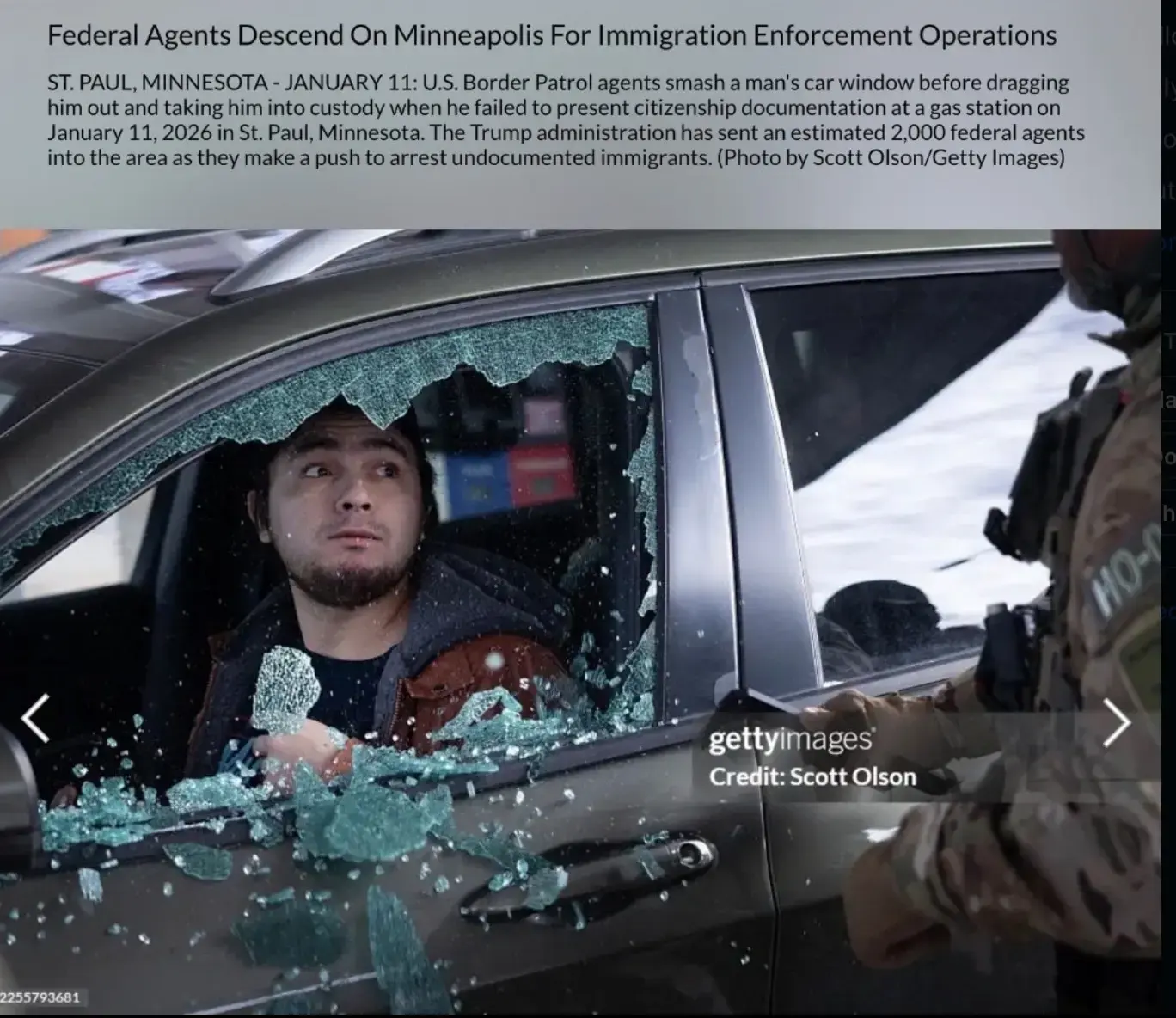Photo of young man in car who has literally just had his driver side window busted out by ICE, captured by a photographer and posted to Getty images. This was likely the beginning of the video that ends with him surrounded by agents who choked him out, eventually dragged his limp body face first across the pavement as they cuffed him and took him away.