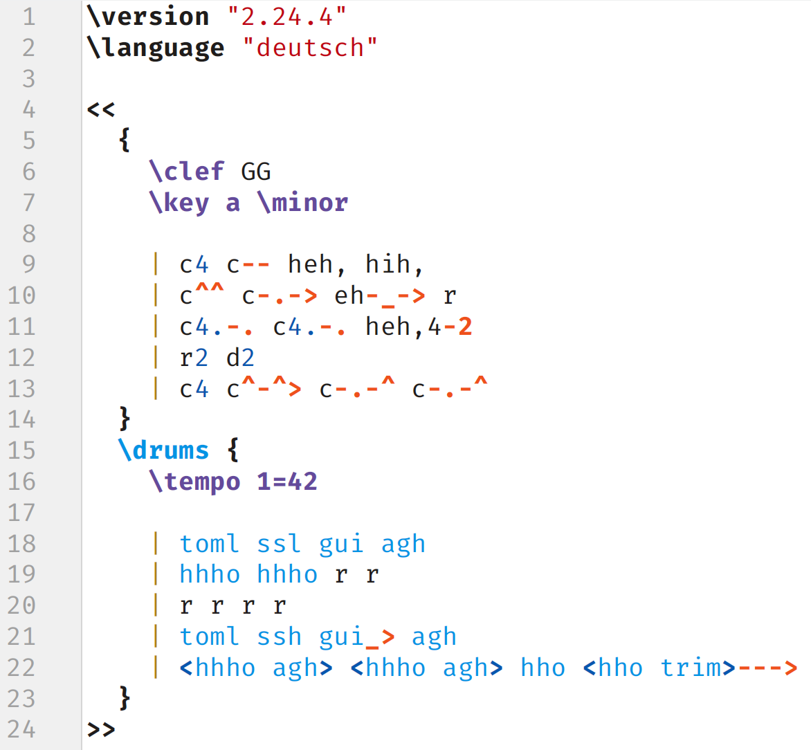 Screenshot of LilyPond source code with some funny keywords and symbols.