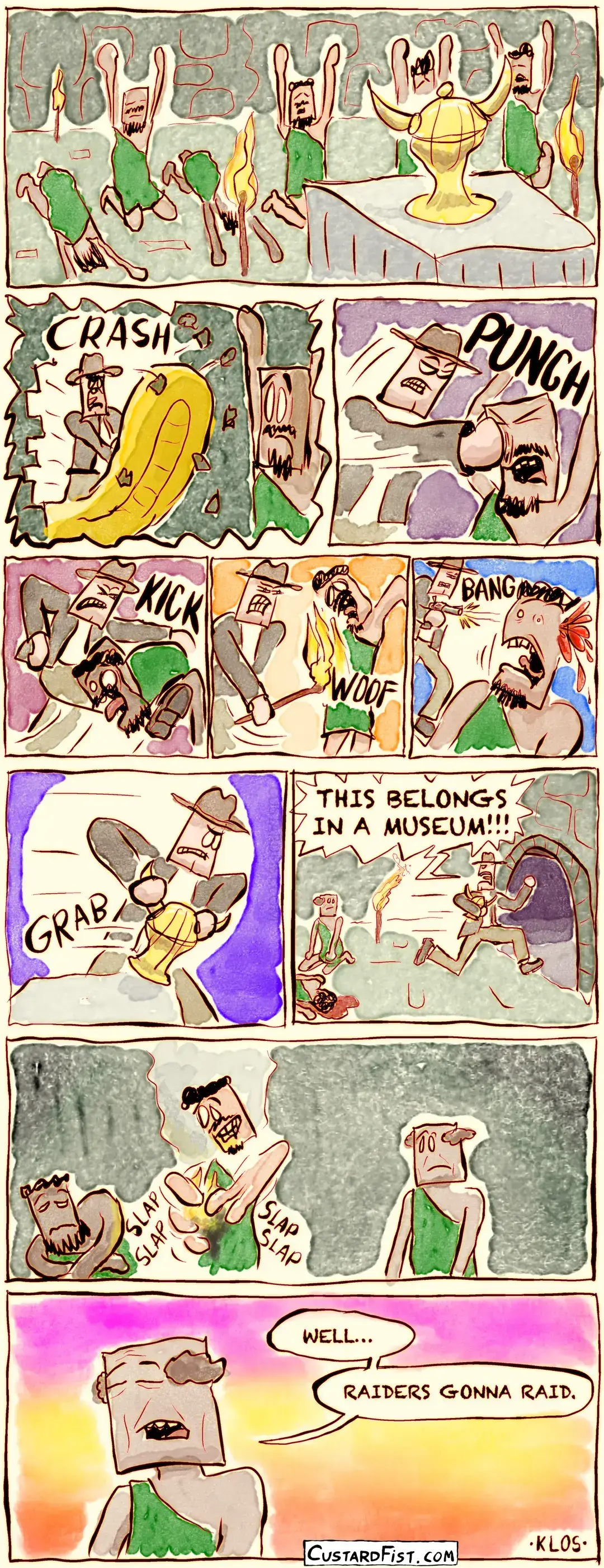 People of an undetermined exotic culture are praying to their God in the form of a small, golden statue. Then an Indiana Jones type of guy busts in through a wall in a yellow inflatable raft (because why not?), starts punching and kicking people, sets a guy on fire, shoots another guy, and snags the statue. Then he yells: “THIS BELONGS IN A MUSEUM!“ and escapes. Then one of the priests says: “Well… Raiders gonna raid.“