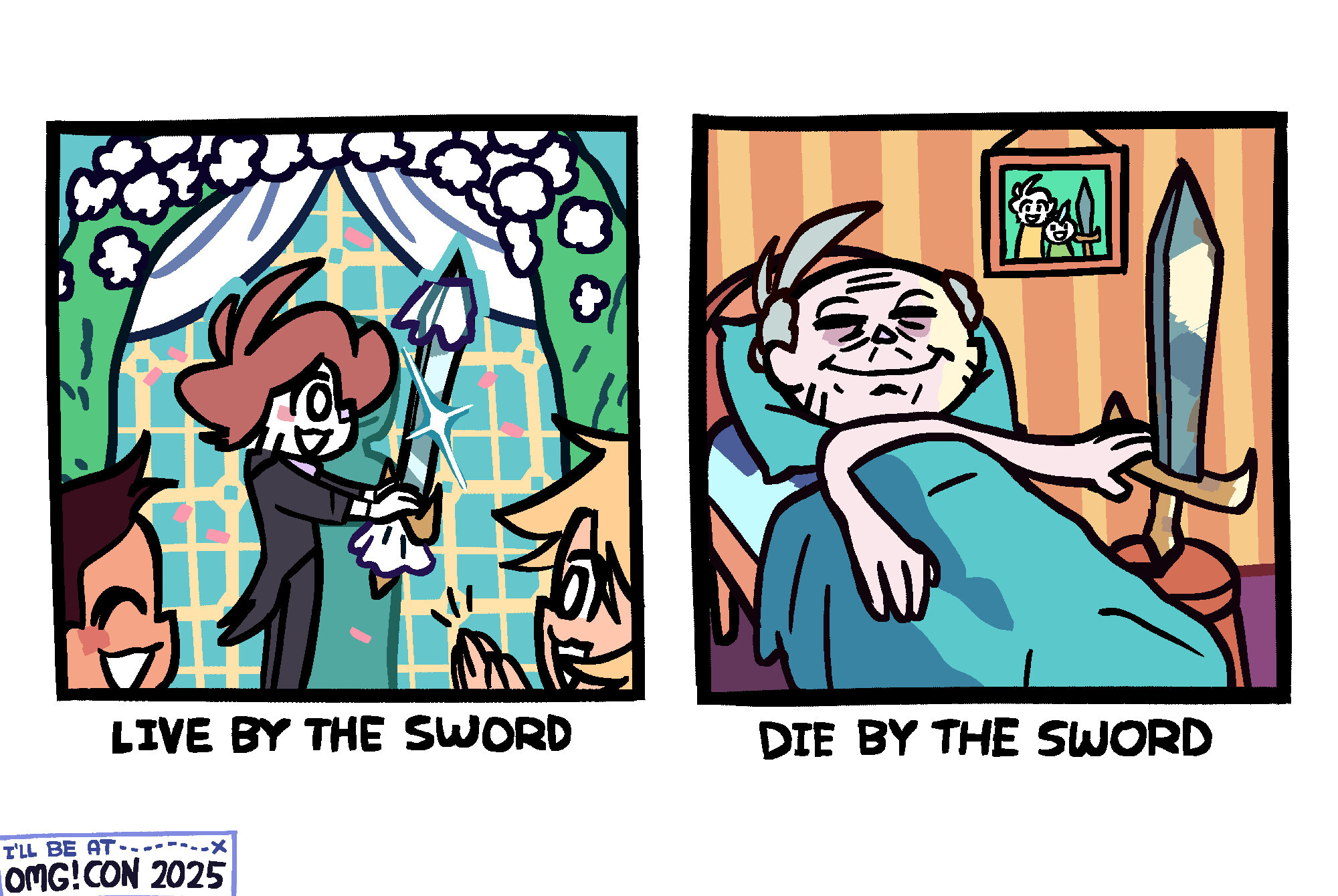 Panel 1: It's Shen at a wedding altar, getting married to a sword. The sword has a little wedding dress on. An audience member in the foreground is clapping. Text below reads "live by the sword".  Panel 2: A far older Shen, 50 years down the line, lays in bed, a big smile on his face. The sword is on a stool by the bed, upright like a sitting person, as Shen gently rests his head on its handle. On the wall is a photo of Shen, the sword, and their son, a human with a sword sticking out of his forehead like Chainsaw Man. Text below reads "die by the sword".