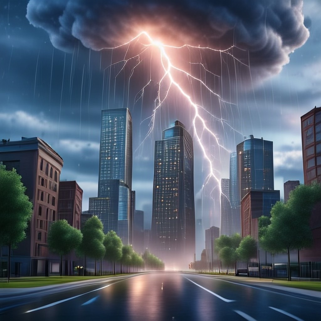 A large cloud with rain and lighting emitting from it in the top of the image. Below are a bunch of large skyscrapers and a road with lines of trees on either side.