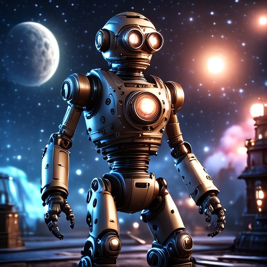 A robot in space with stars, moon, and sun visible in the background. A few super futuristic buildings on this world that doesn’t look like earth at all behind the robot.