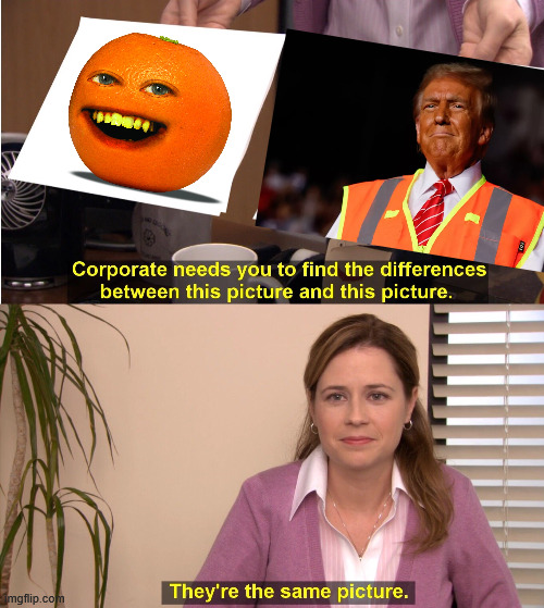Left the Annoying orange. Right Donald Trump. Then the Text: Corporate needs you to find the differenceses between this picture and this Picture. Then the Text :They're the same picture