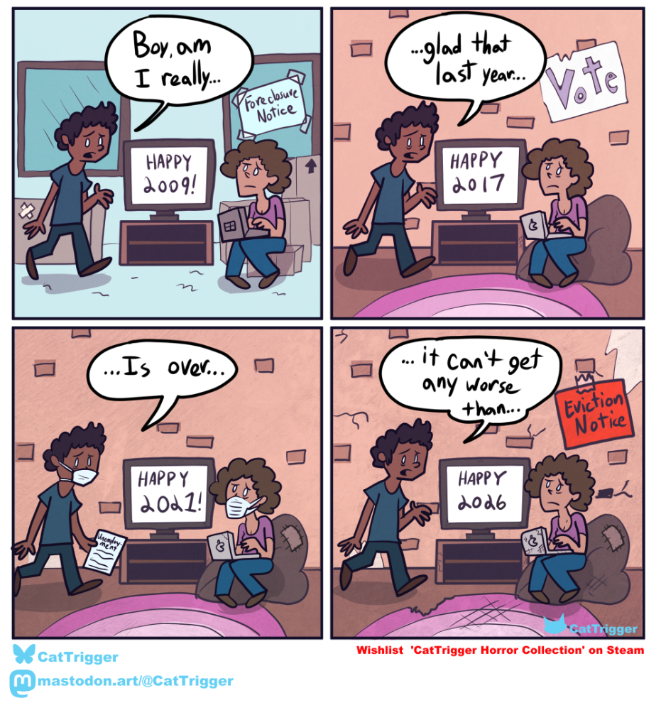 A 4-panel comic wherein we see the same couple marking the end of the previous year with relief while their lives get progressively worse over time.