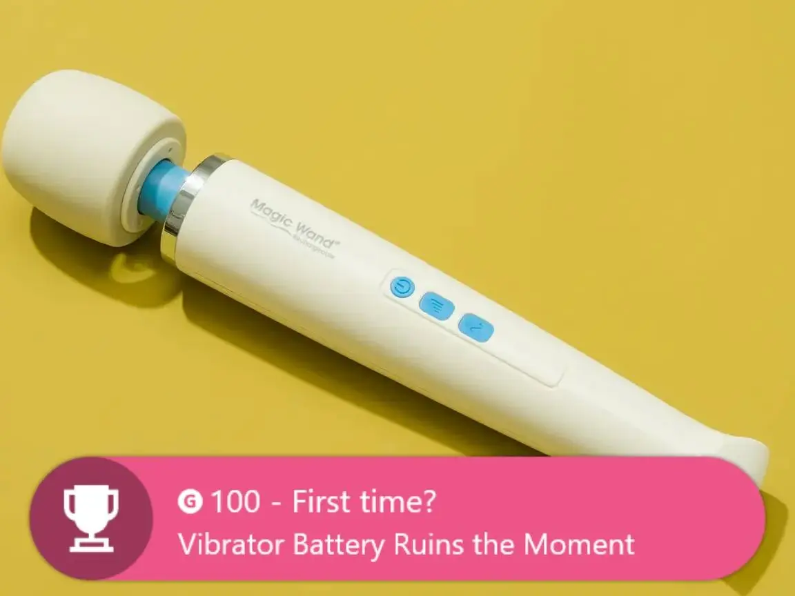 Picture of a vibrator, in the foreground a video game achievement notification: points 100 - First time? Vibrator Battery Ruins the Moment