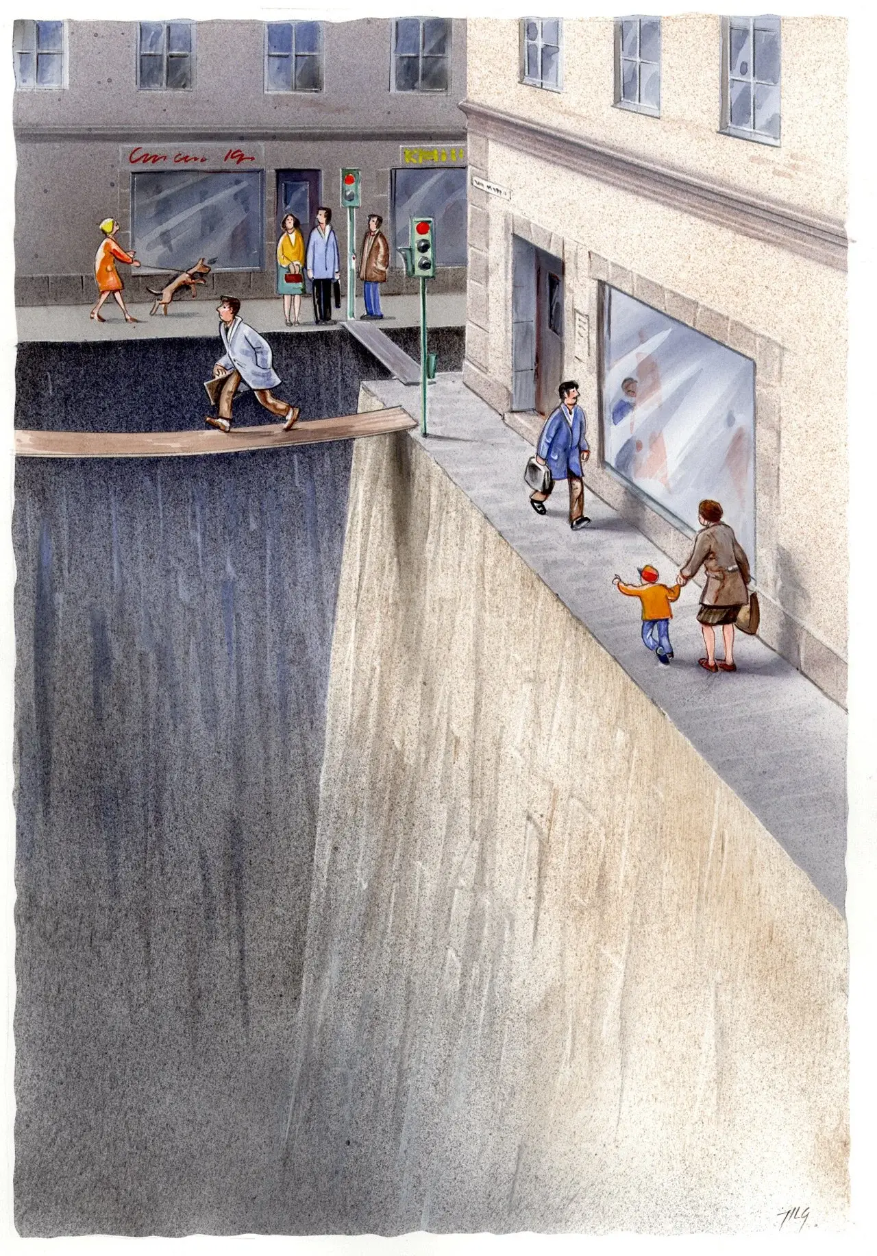 A watercolor depicts a city street split by a massive, sheer concrete chasm. A man in a coat carefully walks a narrow plank bridge across it. On one side, a woman and child point towards the abyss, while on the other, people walk by, seemingly oblivious or accustomed to the dramatic urban rupture. Traffic lights stand on the side of the chasms.