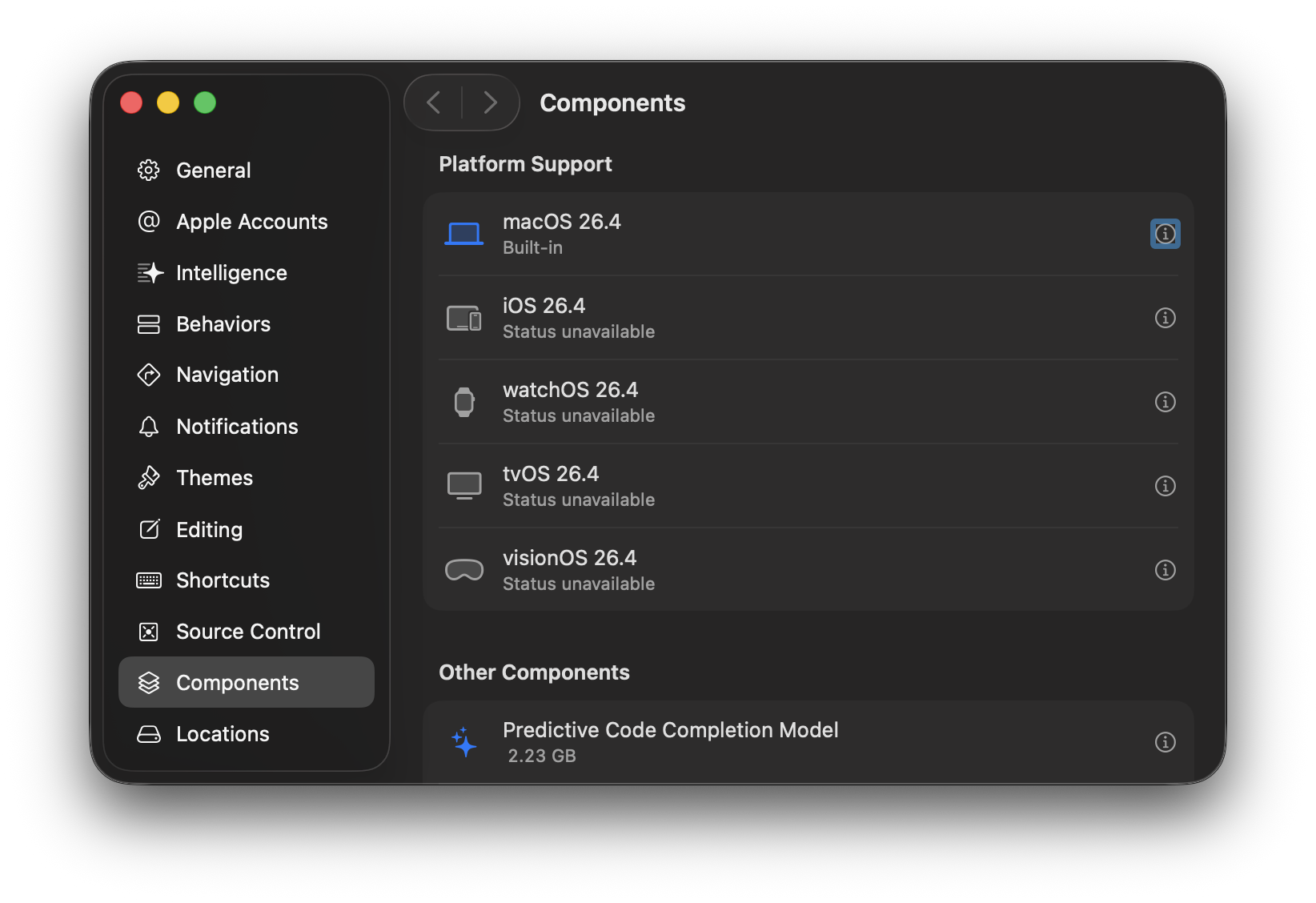 Screenshot of Xcode Components Platform Support showing "Status unavailable" for each platform