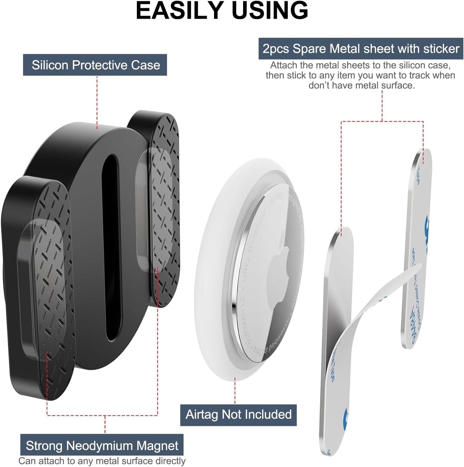Product instruction diagram showing three mounting options for a GPS tracker. On the left: a black silicon protective case with integrated strong neodymium magnet for attaching directly to metal surfaces. In the center: a white circular tracking device (AirTag not included). On the right: two white spare metal sheets with adhesive backing and stickers for attaching to non-metal items. Dashed lines and labels indicate how each component works together to enable tracking on various surfaces.