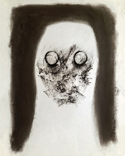 Charcoal portrait of a mouthless reptilian humanoid.