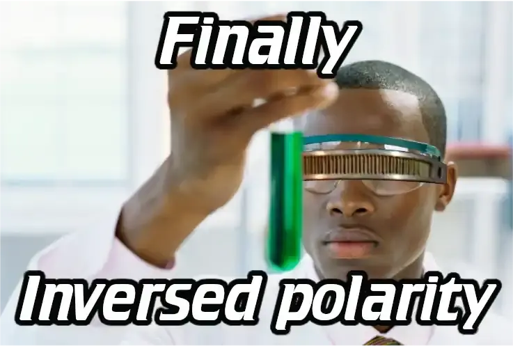 Ferson wearing La Forge's VISOR, looking at a test tube, saying "Finally, inversed polarity"