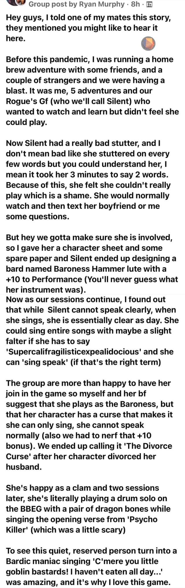 Screenshot of a post. Text in body