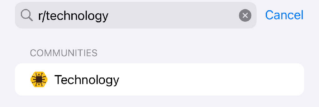 Screenshot of a search in Echo showing the query “r/technology” in the search bar. Under the “Communities” section, a single result appears: a community named “Technology” with a yellow hexagon icon featuring a black microchip symbol.