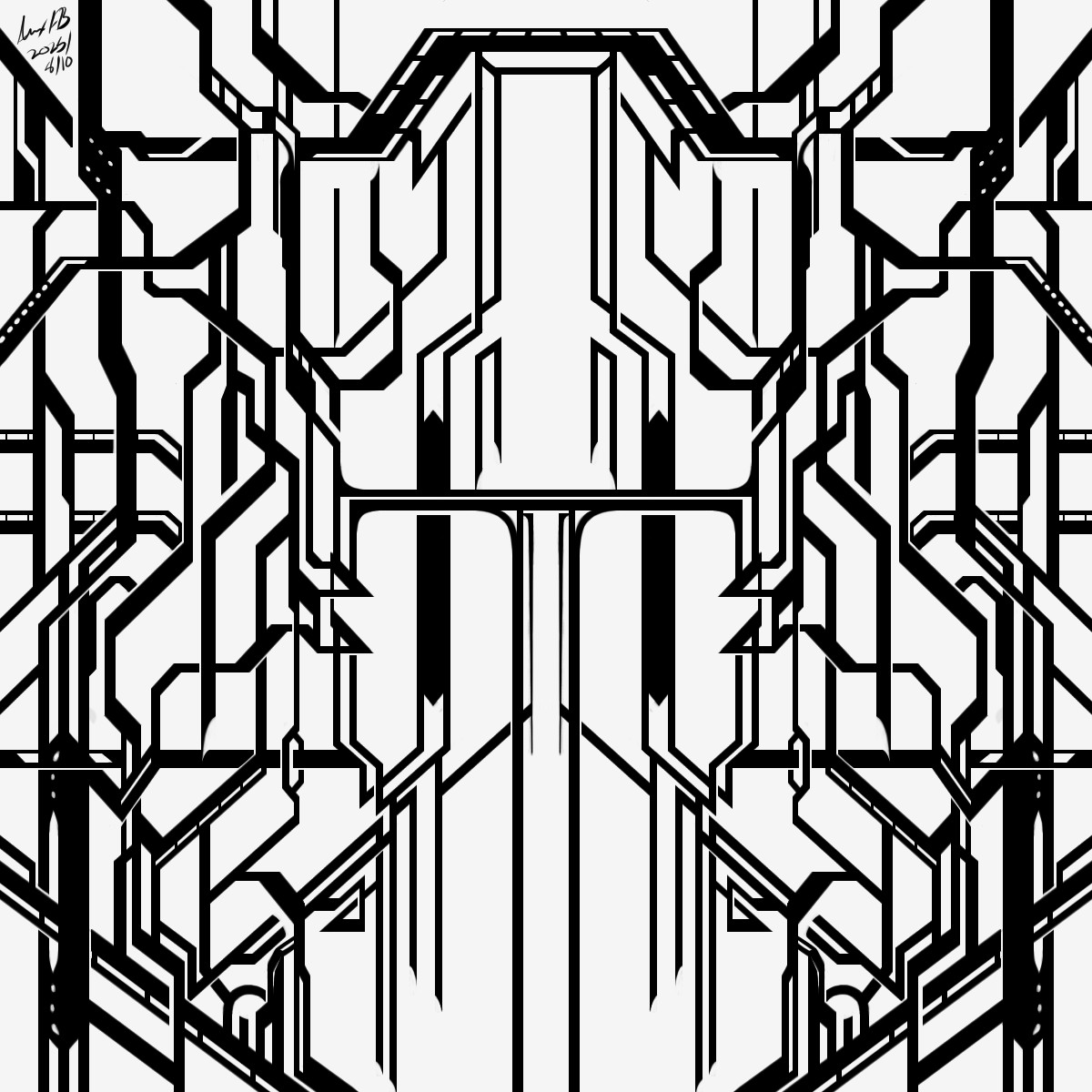 A futuristic metropolis of an unfathomable size. No signs of life can be seen or heard. Signed by Alex FB, 2025/08/10.