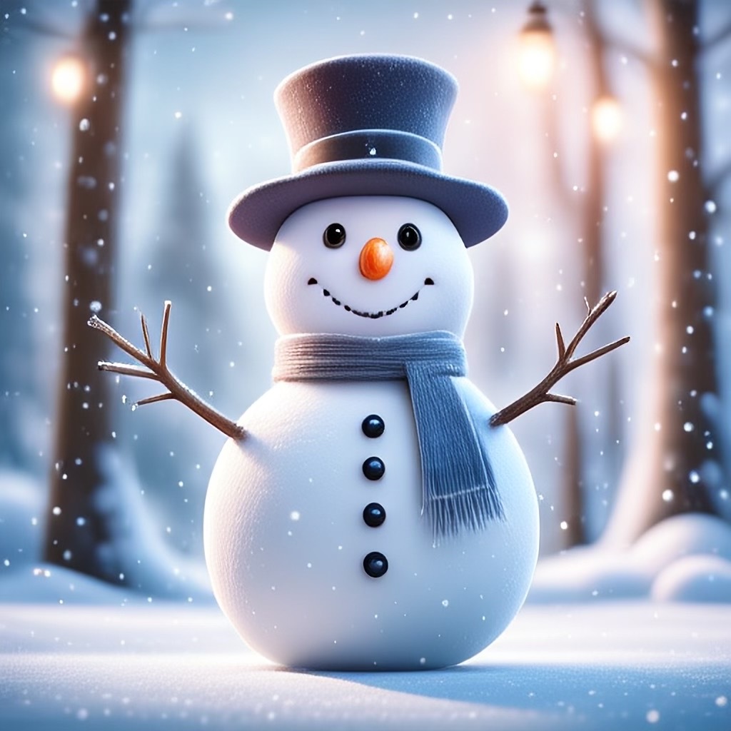 Snowman with a scarf and top hat with snow in the air