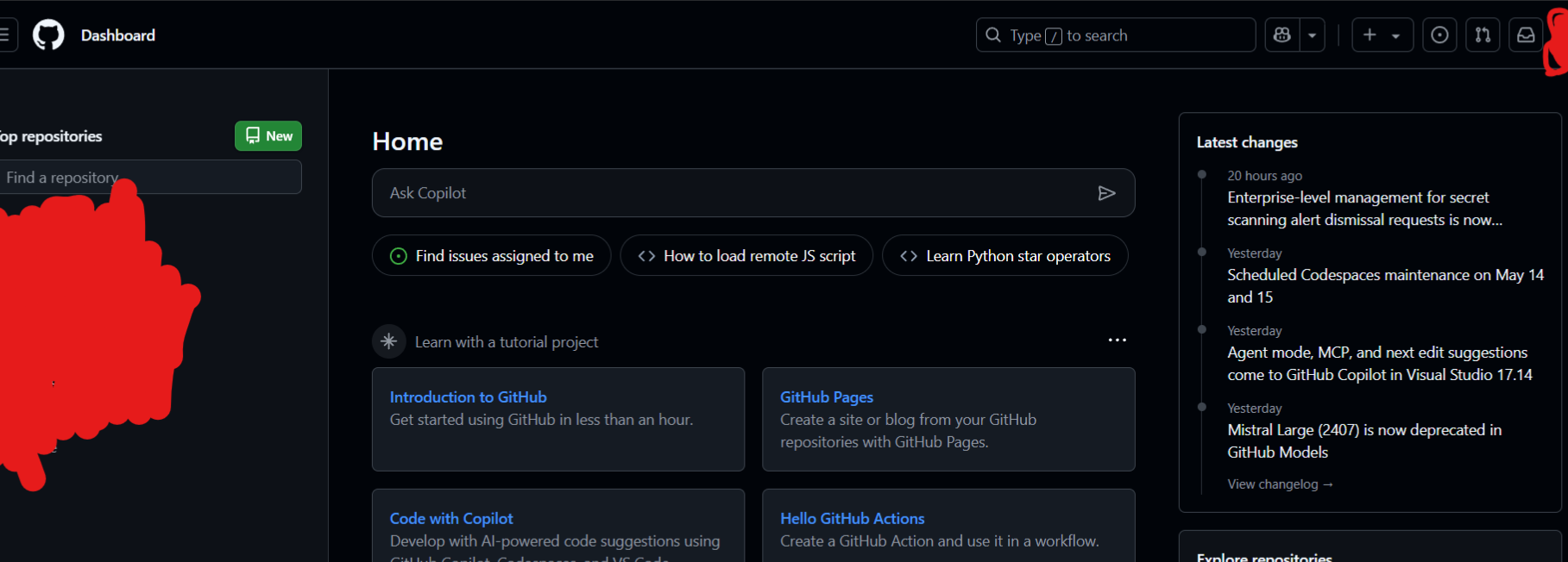 The github dashboard, it shows a big, massive bar with "ask copilot".