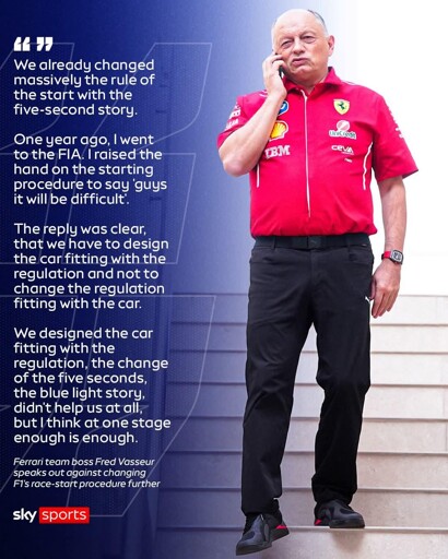 "We already changed massively the rule of the start with the five-second story. IRAA One year ago,Iwent to the FIA. I raised the hand on the starting procedure to say 'guys it will be difficult'. S TBM UniCredit ceVA The reply was clear, that we have to design the car fitting with the regulation and not to change the regulation fitting with the car. We designed the car fitting with the regulation, the change of the five seconds, the blue light story, didn't help us at all, but lthink at one stage enough is enough." - Ferrari team boss Fred Vasseur speaks out against changing F1's race-start procedure further