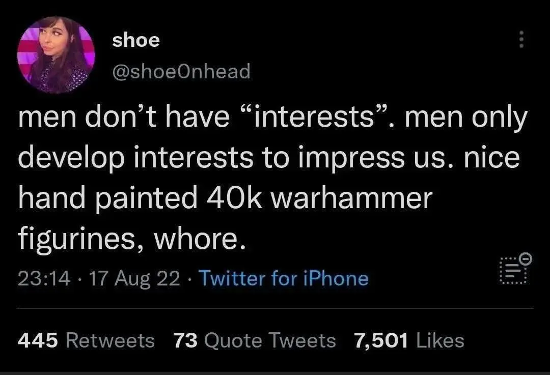 @shoeonhead: men don't have "interests". men only develop interests to impress us. nice hand painted 40k warhammer figurines, whore.